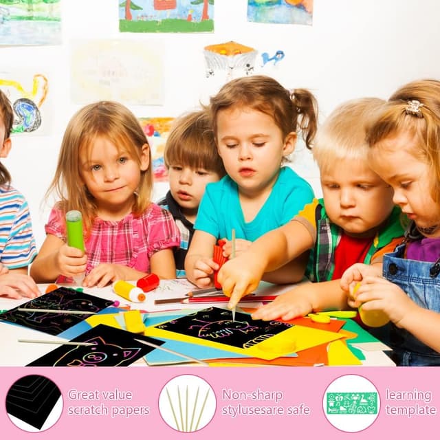 Detalle de Vicloon Kratzbilder Kinder Set (50 Blätter Regenbogen) mit 5 Holzstiften & 4 Schablonen