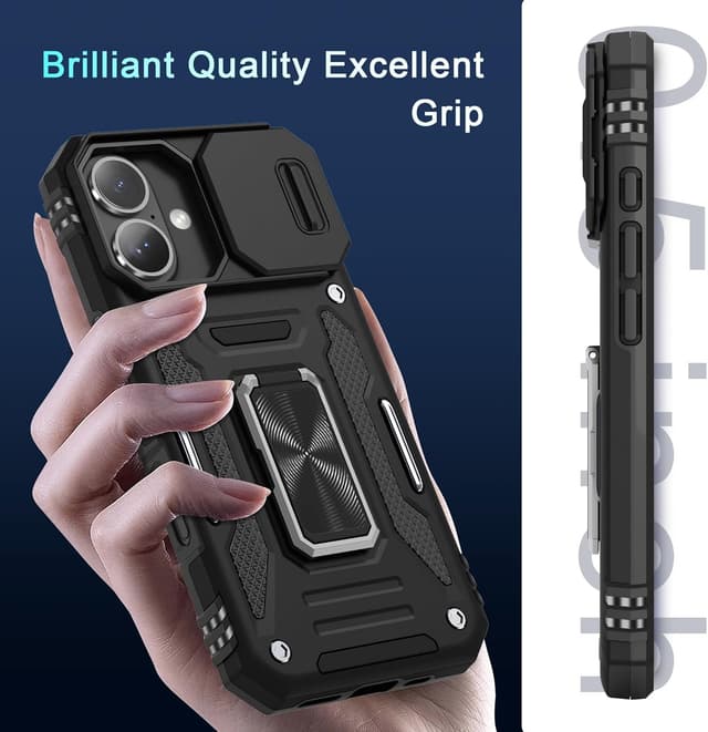 Thumbnail 6 de DEERLAMN Armor Case for iPhone 17 6.3-Inch (2025) with Slide Camera Cover + Rotated Ring Kickstand, Black (2 Packs)