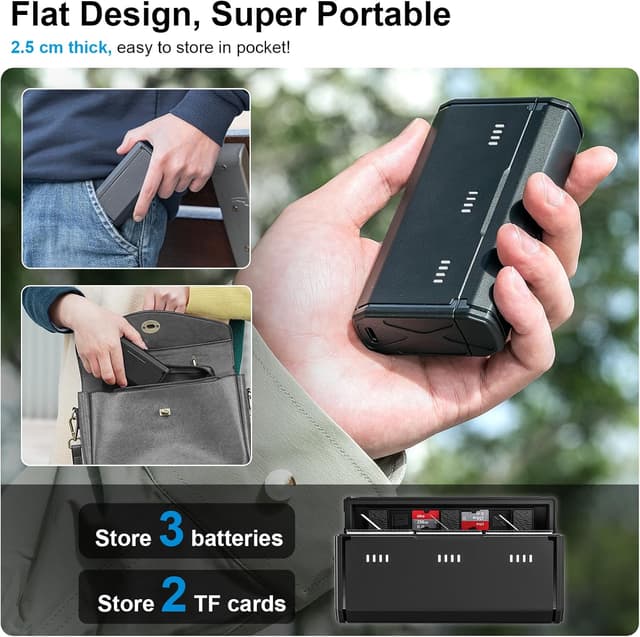 Detalle de TELESIN Ladegerät für GoPro Hero 13 – Schnellladetasche mit 3 Steckplätzen und seitlicher Ladebuchse (kompatibel mit Original-Akku)