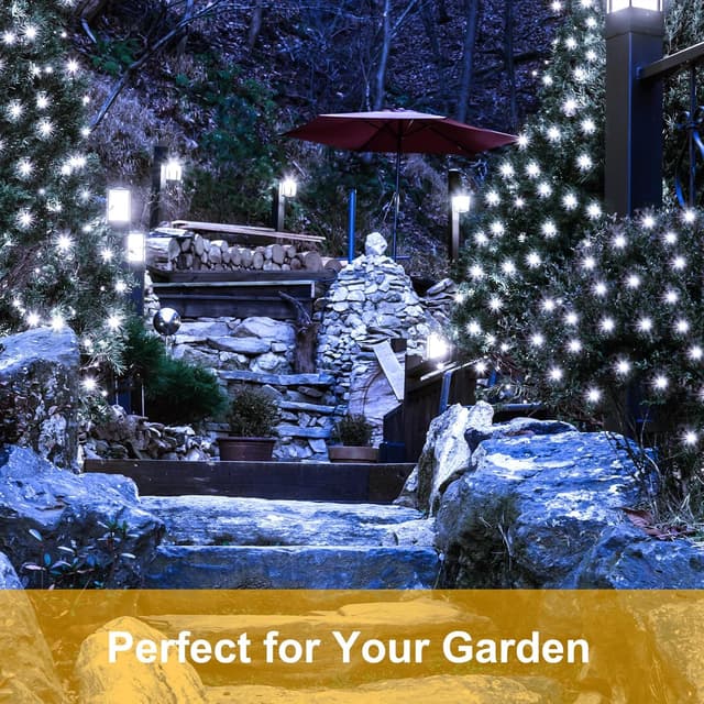 Detalle de FFZZKJ Solar Fairy Lights Outdoor Garden Lights Waterproof – 100 LED 10m with 8 Lighting Modes (Cold White)