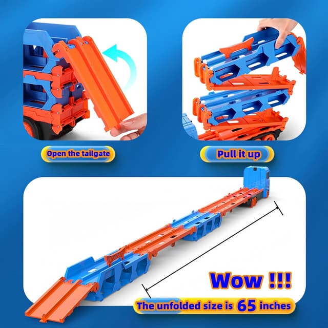 Detalle de Bearbao 65-Zoll Rennstrecke mit Transport-LKW und 6 Mini Metallautos – Spielzeug für Jungen (3–6 Jahre)