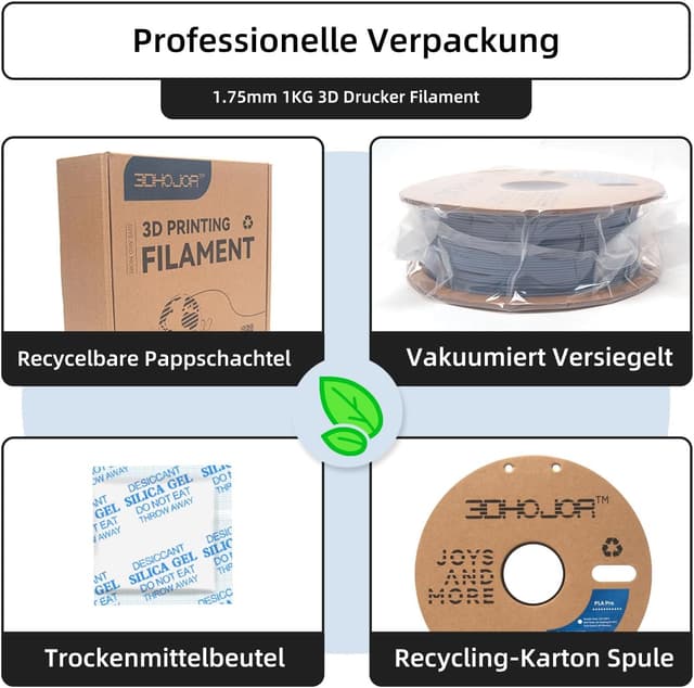 Detalle 2 de 3DHoJor PLA+ Filament 1,75 mm (PLA Plus) für FDM-Drucker – Grau, Maßgenauigkeit ±0,02 mm, 1 kg Spule