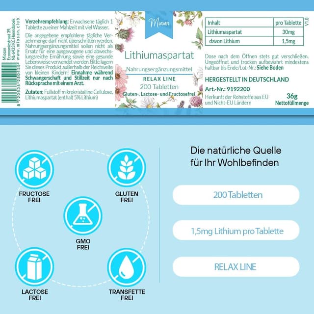 Detalle de Lithiumaspartat (RELAX LINE) 200 Tabletten, 30 mg je Tablette – 100 % vegan & schluckfreundlich