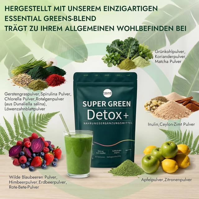Detalle 2 de Grünes Entgiftungspulver (200 g) mit Matcha, Gerstengras & Beeren – veganes Superfood-Pulver