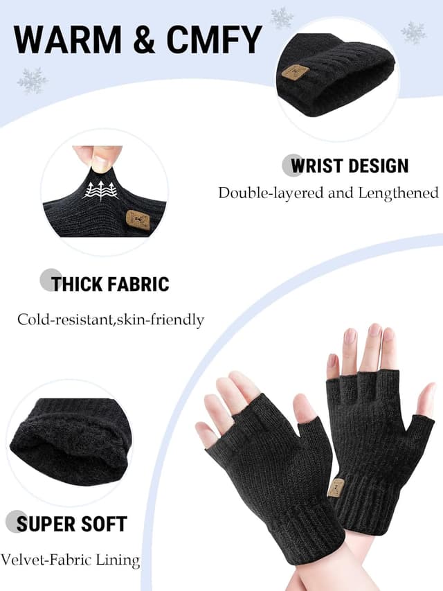 Detalle 2 de JUNRUI Fingerless Winter Knitted Gloves for Running