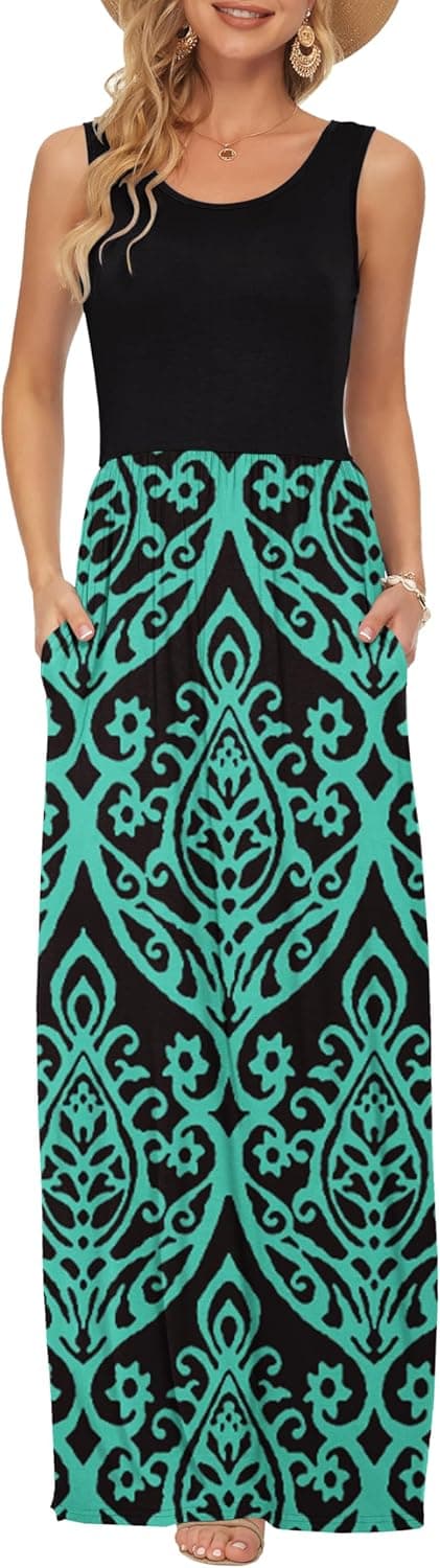 Detalle de AUSELILY summer casual maxi dress with pockets – sleeveless long dress with elastic waist