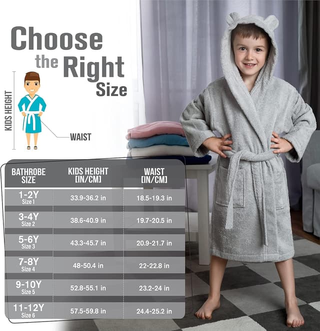 Detalle de Twinzen Kinderbademantel aus 100% Baumwolle mit Kapuze und Ohren (OEKO‑TEX®) – für Mädchen oder Jungen