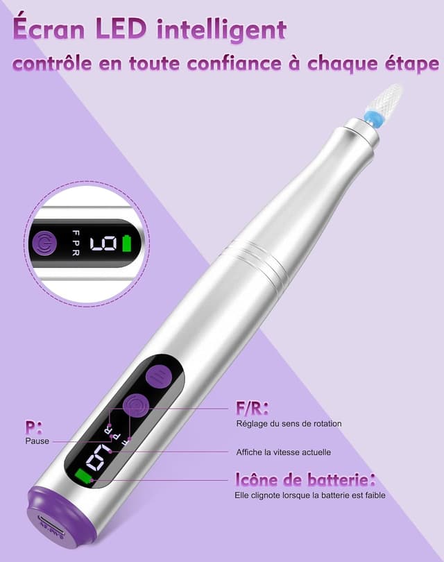 Detalle de Fofile ponceuse électrique pour ongles sans fil 12 en 1, 20000 tr/min et écran LED