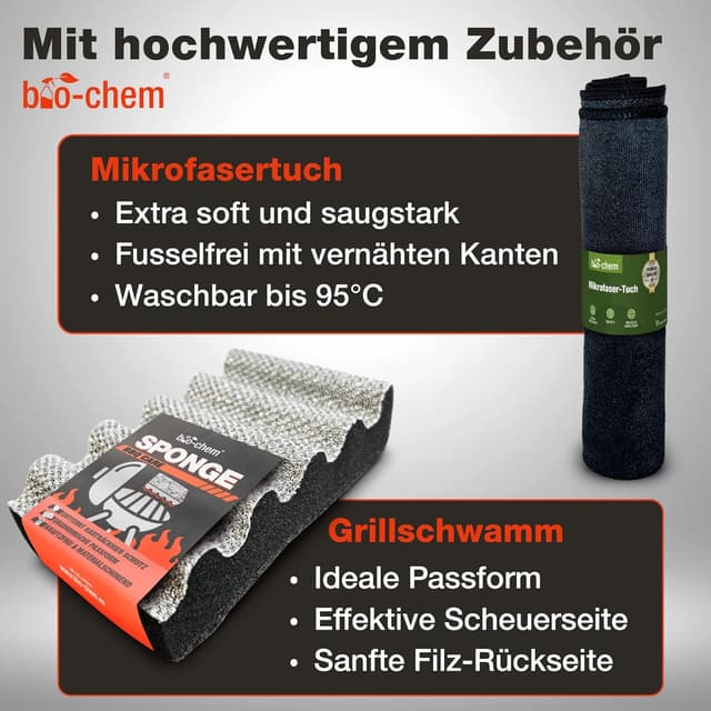 Detalle de bio-chem CLEANTEC Bio-Chem Grillreiniger Set 4-teilig für Gasgrill und Edelstahl (inkl. Schwamm & Mikrofasertuch)