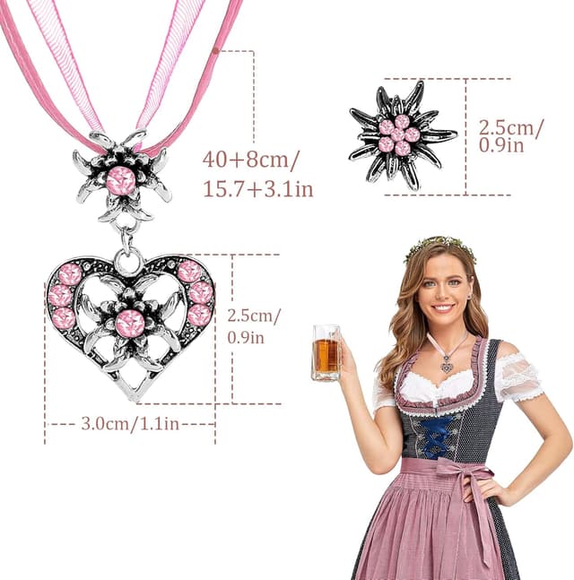 Detalle 2 de APMGONT 3-teiliges Bayerisch Dirndlschmuck-Set: Trachtenkette mit Edelweiß & Herz-Anhänger plus Ohrstecker
