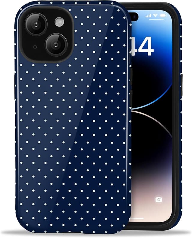 Detalle de Amzfield iPhone 15 Dual-Layer Case (Navy Polka Dot Retro) – Hybrid Protection