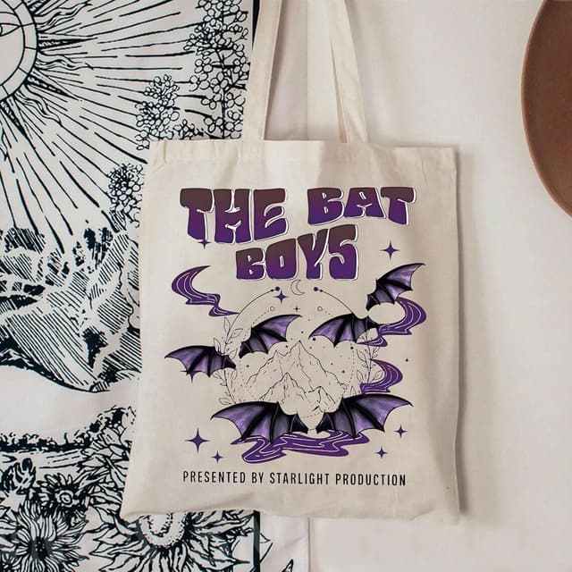 Detalle de AKTAP Fantasy Book Lovers Tote Bag (Acotar Bat Boys / Velaris design) — large canvas shopping bag