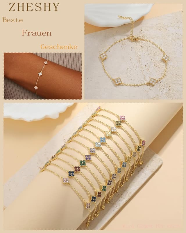 Detalle 2 de ZHESHY Armband Damen Gold (14 Karat vergoldet) mit Kleeblatt & Zirkonia – verstellbare Armkette wasserfest