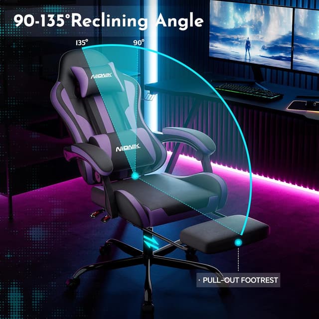 Detalle de NIONIK ergonomischer Gaming-Stuhl mit Fußstütze, verstellbarer Höhe und Lendenwirbelstütze (Orange)