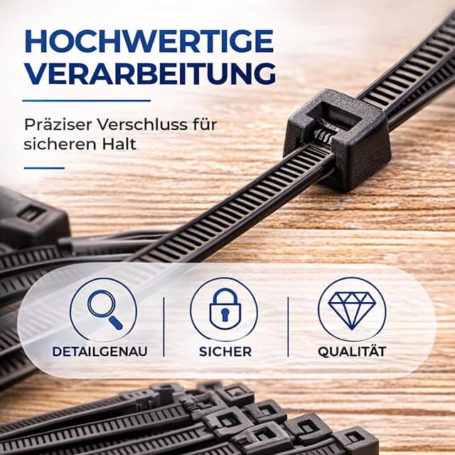 Detalle de 100x Kabelbinder schwarz Set (kurz & lang) – reißfest, UV-beständig, diverse Längen 120 mm x 2,5 mm
