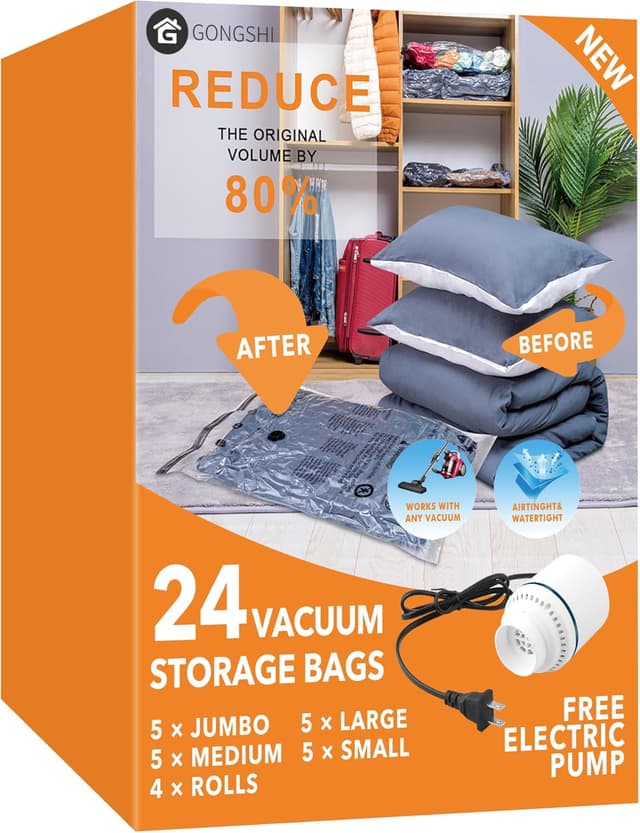 Detalle de GONGSHI Vacuum Storage Bags (24-Combo) with Electric Pump — Space-Saving Seal Bags for Clothes, Blankets, Pillows