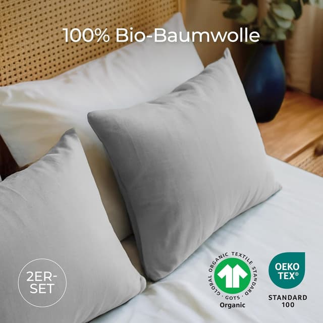 Detalle 2 de Dreamzie Kissenbezug aus 100% Bio-Baumwolle, 50x50 cm im 2er-Set – grau, mit Reißverschluss (OEKO-Tex)
