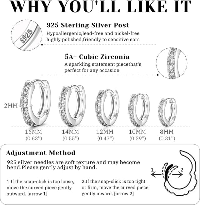 Thumbnail 1 de Senteria 5 Paar Creolen aus Silber für Damen – kleine Silberne Creolen Ohrringe hypoallergen (8/10/12/14/16 mm)