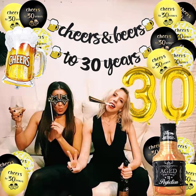 Detalle de 30th Birthday Decorations set with black & gold “cheers to 30 years” banner and 30 foil number balloons