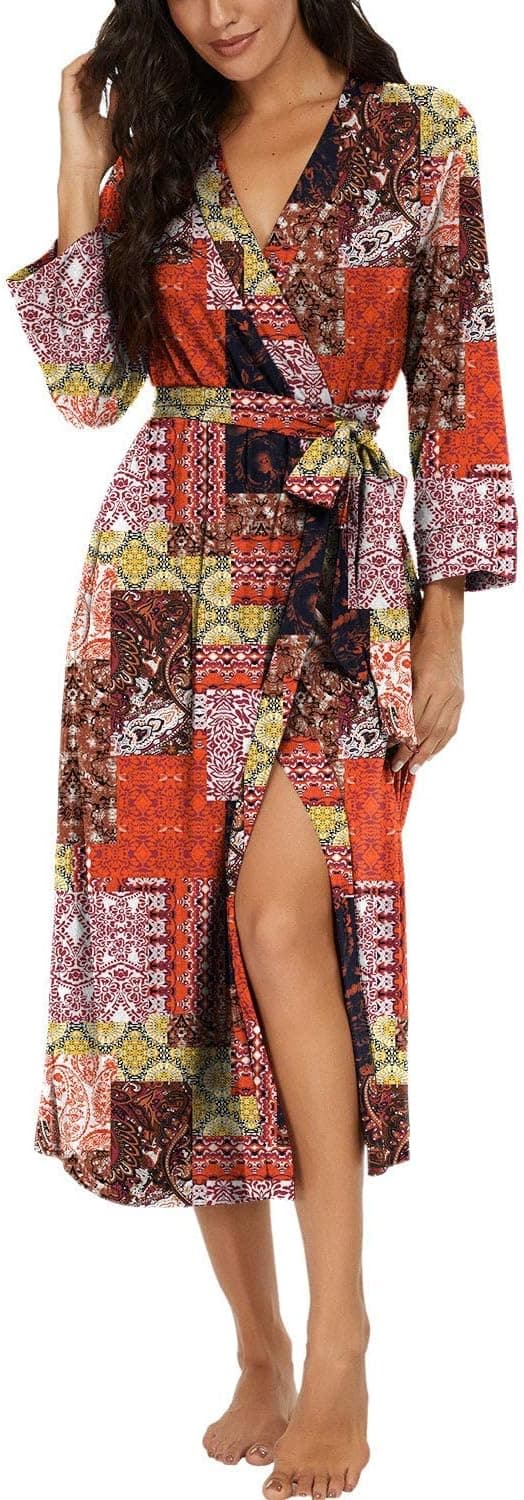 Detalle 2 de PrinStory Damen Bademantel mit 3/4-Ärmeln und V-Ausschnitt (Kimono-Robe) – leichter Morgenmantel