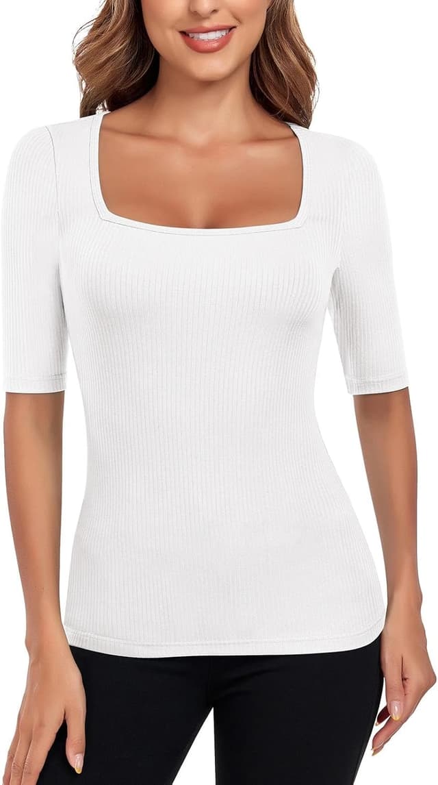 Detalle de WOWENY Damen Slim Fit T-Shirt mit Rippstrick