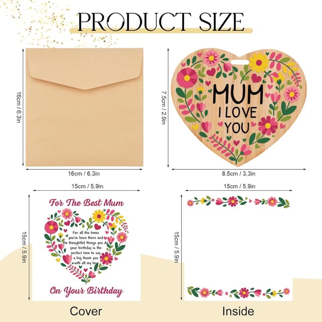 Detalle de TheGiffter Mum Birthday Card with Wooden Heart Plaque Gift Set (150x150mm) + Envelope