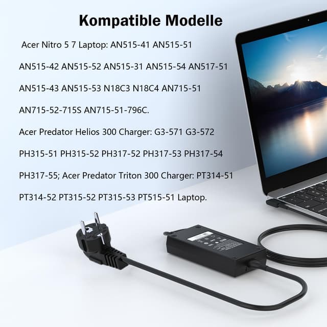 Detalle 2 de 180W Laptop-Ladekabel Netzteil 19,5V für Acer (u. a. Nitro 5/7, Predator Helios 300, Aspire V15/V17) – 5,5×1,7 mm