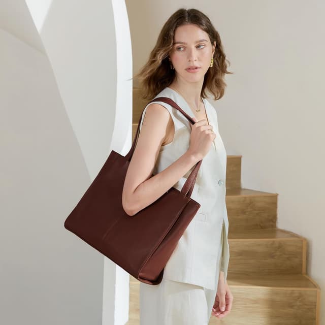 Detalle de befen Echtleder Damen Shopper-Tasche mit 14-Zoll-Laptopfach (Groß) – Henkeltasche mit Reißverschluss