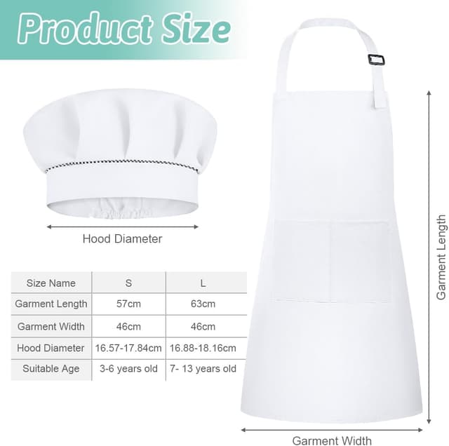 Detalle de DiULi Set grembiule per bambini + cappello da cuoco regolabile (7-13 anni) bianco