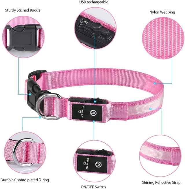Detalle de MASBRILL leuchtendes, aufladbares LED-Hundehalsband (wasserdicht) mit 3 Modi – Rosa, S