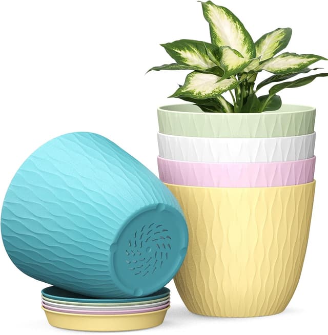 Detalle de Homeuouz 15cm Plastic Plant Pots Indoor, 5 Pack with Drainage Holes & Tray (Multicolour)
