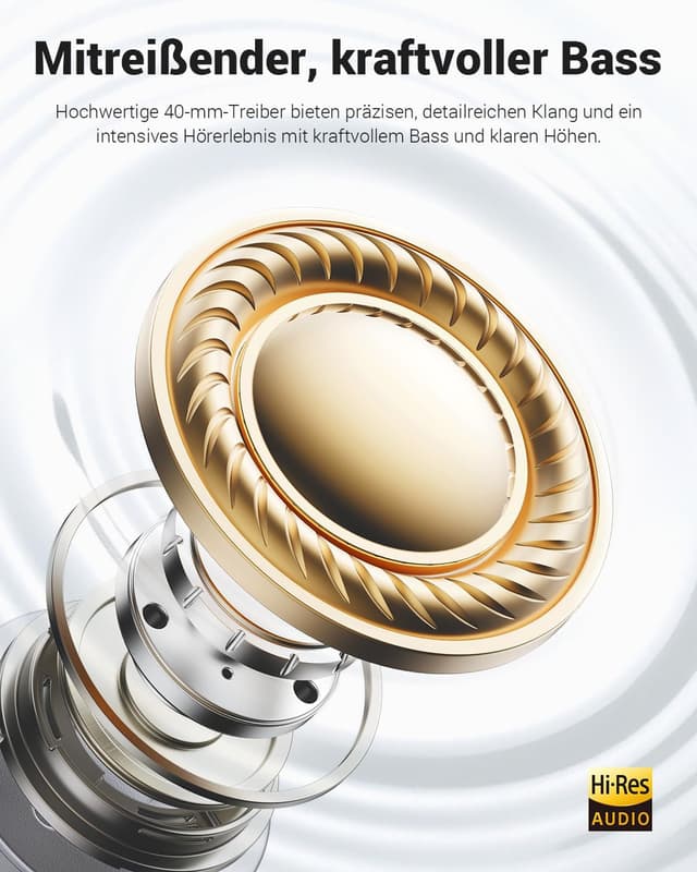 Detalle de Wentronic Y01 Noise-Cancelling Over-Ear-Kopfhörer (Bluetooth 5.3, bis 48 h, faltbar) – mit Mikrofon – Silber