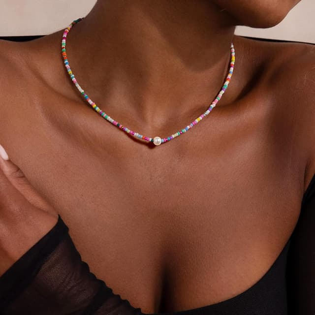 Detalle 2 de TINGN Bunte Perlenkette für Damen, handgefertigt im Boho-Stil mit verstellbarer Länge