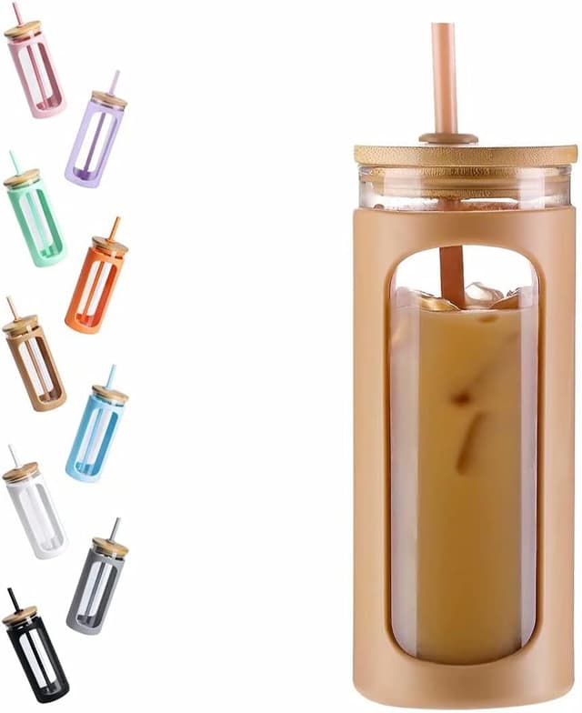 Detalle de Kodrine 20oz Glass Water Tumbler with Straw, Bamboo Lid, and Silicone Sleeve (BPA-Free, Amber)