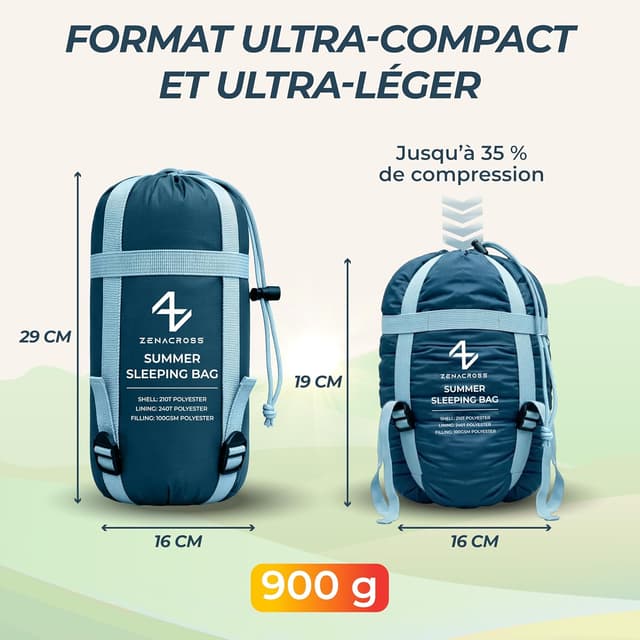 Detalle de Zenacross Sac de couchage adulte été ultra léger 1 personne (900 g) — compact pour camping, bivouac et randonnée