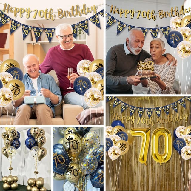 Detalle 2 de Blue Gold 70th Birthday Banner & Balloons Set (Navy Blue & Gold) with Triangular Bunting, Foil Balloon, Cake Topper