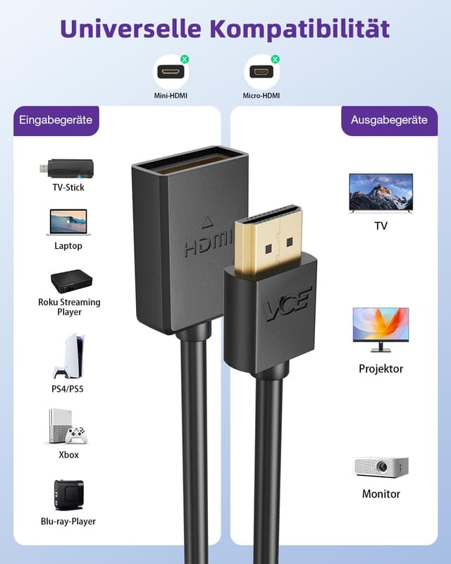 Detalle 2 de VCE HDMI Verlängerungskabel 1 m (HDMI 2.0, 4K/60 Hz) – vergoldete Kontakte, kompatibel mit TV Stick, Chromecast, Xbox 360 & PS3