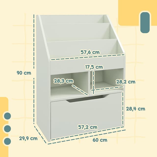 Detalle de HOMCOM Bibliothèque étagère multi-rangement en bois vert clair : 3 étagères, 2 niches et grand tiroir