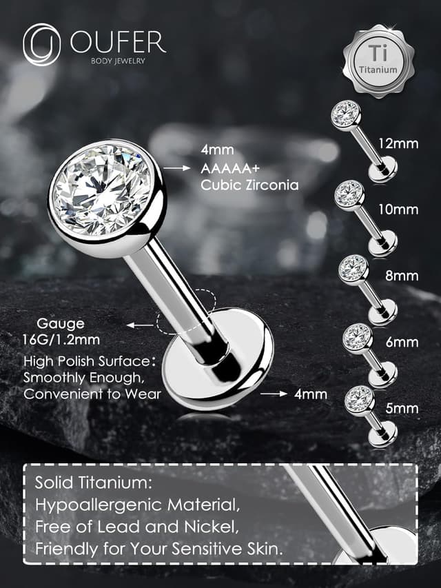 Detalle de OUFER Threadless Labret en titane pour piercing lèvres, tragus et helix (16G) 6 à 12 mm