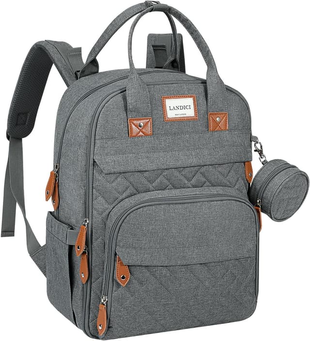 Detalle de LANDICI Baby Changing Bag Backpack (Large) in Grey — with Changing Mat, Stroller Straps & Pacifier Case