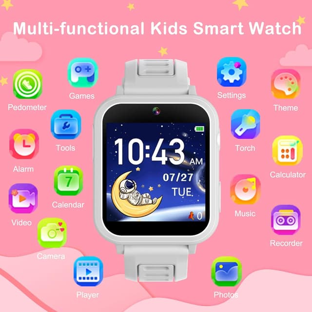 Detalle de Phyulls Kids Smart Watch Gift for Girls (Age 4–12) with HD Touch Screen, Camera, 39 Games & Pedometer