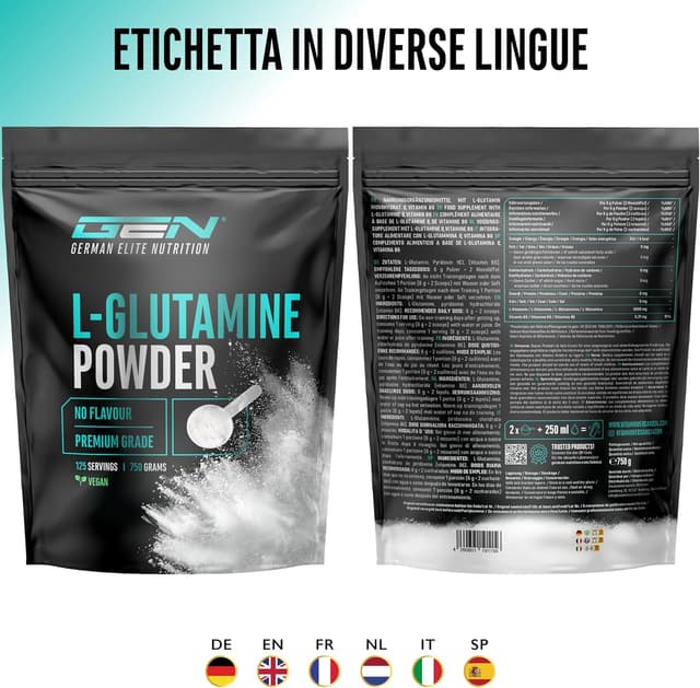 Detalle de L-Glutammina in polvere 750 g Premium (100% L-Glutammina micronizzata, senza aromi, vegan)