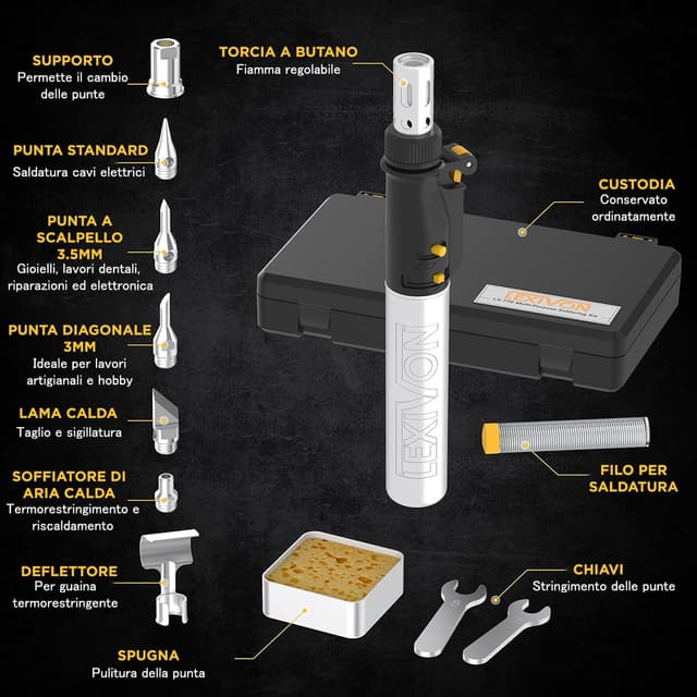 Detalle de LEXIVON LX-770 Kit saldatore a butano senza fili, set multiuso con autoaccensione e fiamma regolabile (set di 7 punte)