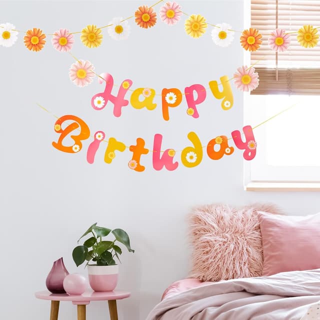 Detalle de SUNBEAUTY 3er Girlande mit Gänseblümchen „Happy Birthday“ – Frühling/Party Banner für Deko