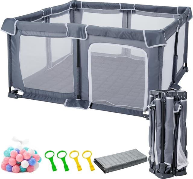 Thumbnail 6 de Foldable Baby Playpen with Mat (127x127cm) – portable playpen with ocean balls and 4 handlers for indoor & outdoor use