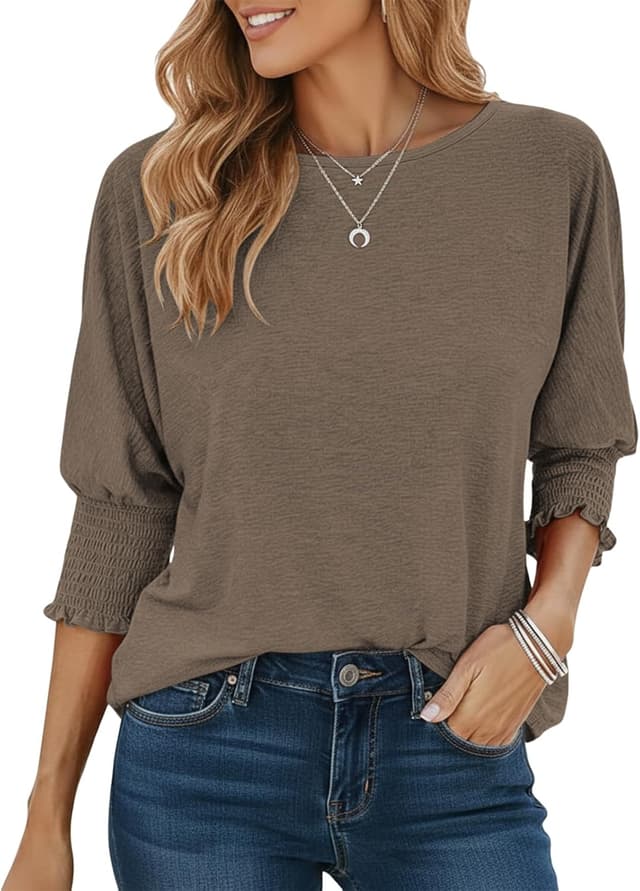 Detalle 2 de Cuptacc Damen Langarmshirt mit Rundhalsausschnitt – lose Tunika-Optik mit 3/4-Ärmeln