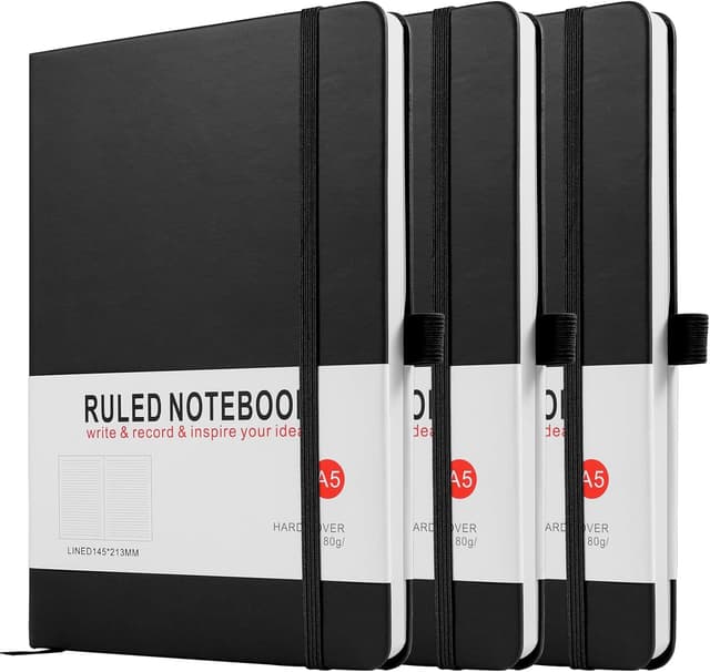 Detalle de Notebook A5, 3 Pack Journal A5 Notebook 200 Pages 80 GSM Journal Notebook Hardback Notepad with Lined Pages, Pen Loop and Expandable Paper Pocket, Journal Notepad Note Book (Black)