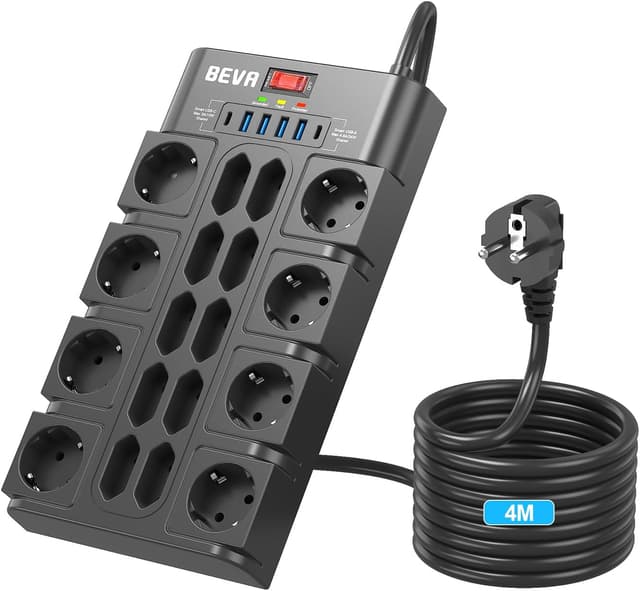 Detalle de BEVA 18-fach Mehrfachsteckdose mit USB‑C und 4 m Kabel (3680 W/16 A) + 2100 J Überspannungsschutz