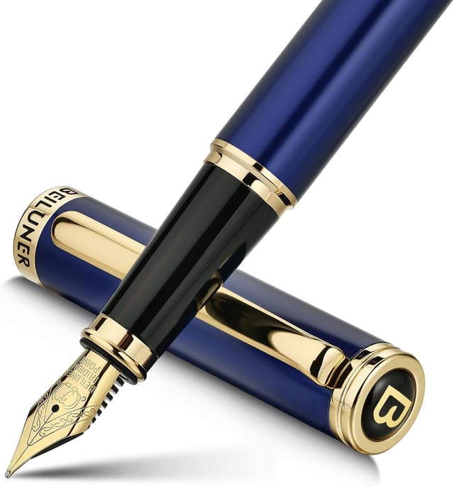 Detalle de BEILUNER Luxury Fountain Pen with Piano Lacquer Finish, 24K Gold Accents and Fine Gilded Nib (Blue & Gold)