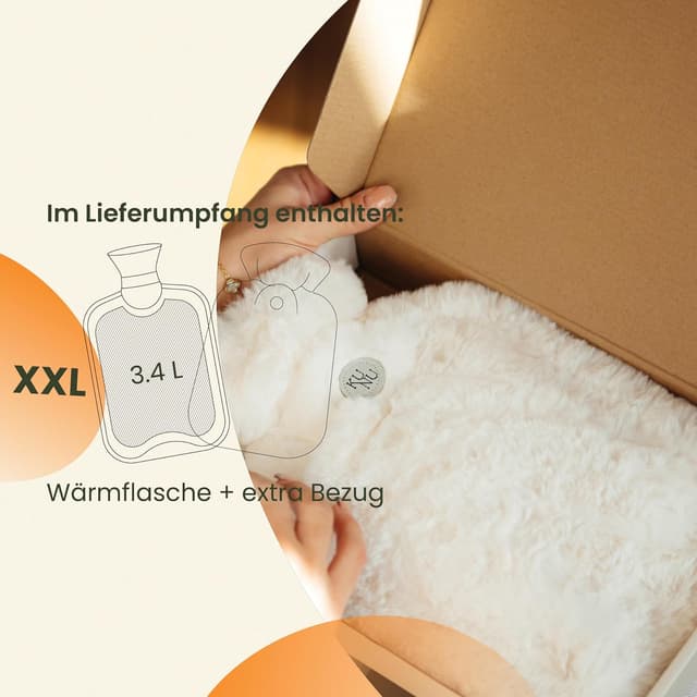 Detalle 2 de KUNU® XXL Wärmflasche (3,4 l) – flauschiger Bezug, auslaufsicher & extra Bezug – beige, inkl. Geschenkverpackung